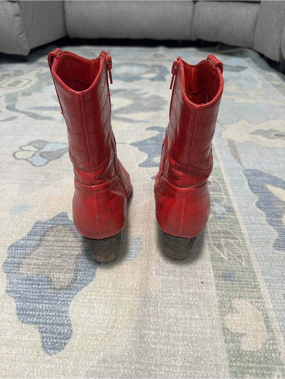Red Croc-Embossed Pointed Toe Ankle Boots - Picture 3 of 4